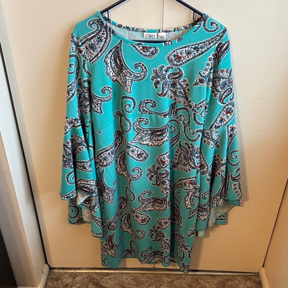 CATO Women’s Large  Turquoise Paisley Bell Sleeve Dress